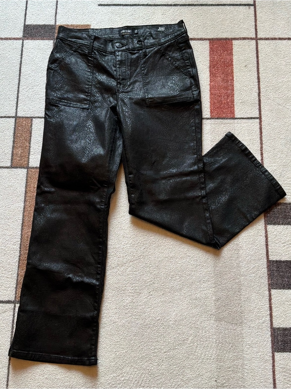 NWT Nicole by Nicole Miller Snakeskin Black Coated Boot Cut Jeans 12P